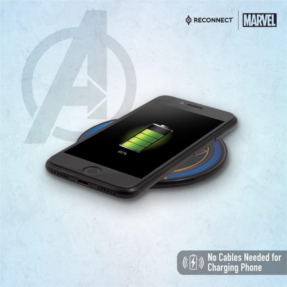 Reconnect Usb Marvel Captain America 10 Watts Wireless Charger, Led Indicator Ring, Qi Certified For Cellular Phones S (Marvel Avengers) - Black