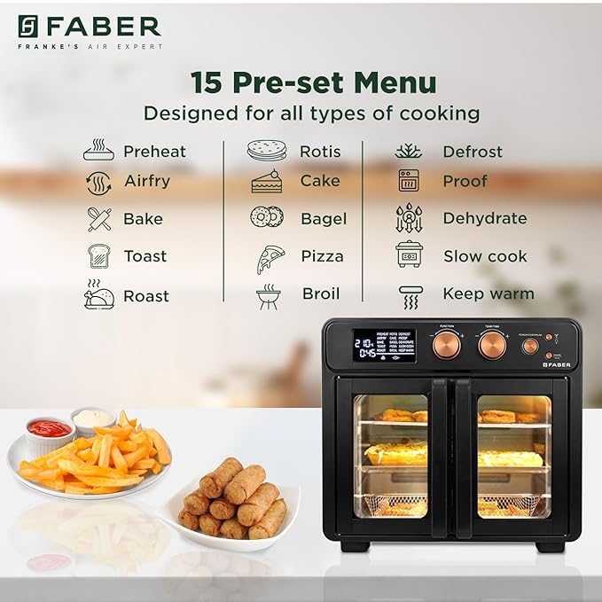 Faber Air Fryer Oven 25L, Digital Control, Bake Tray, SS Wire Tray&Basket, Crumb Tray, Rotisserie Kit|15 Preset Auto Program|Roast,Fry,Toast,Defrost|Convection Function|FAO 25L 15F BK|1700 W Black