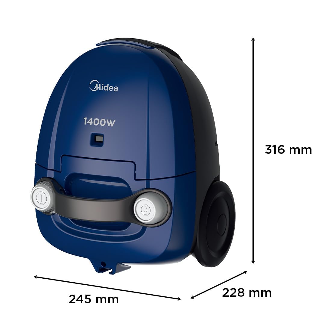 Midea 11S Bagged Vacuum Cleaner | 1400 W Motor | 18kPa Powerful Suction Control | 3 Free Paper dust Bag | Free Multiple Accessories | Dustbag Full Indicator | 5m auto Rewind Cord