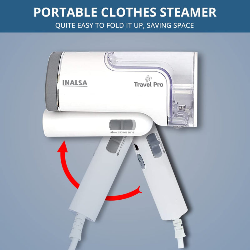 INALSA Garment Steamer Travel Pro-1250W with Vertical & Horizontal Ironing| Compact & Foldable|Quick Heat Up, up to 22g/min, Kills 99.9%* Bacteria| Includes Fabric Brush,Free Storage Bag, (White/Grey)