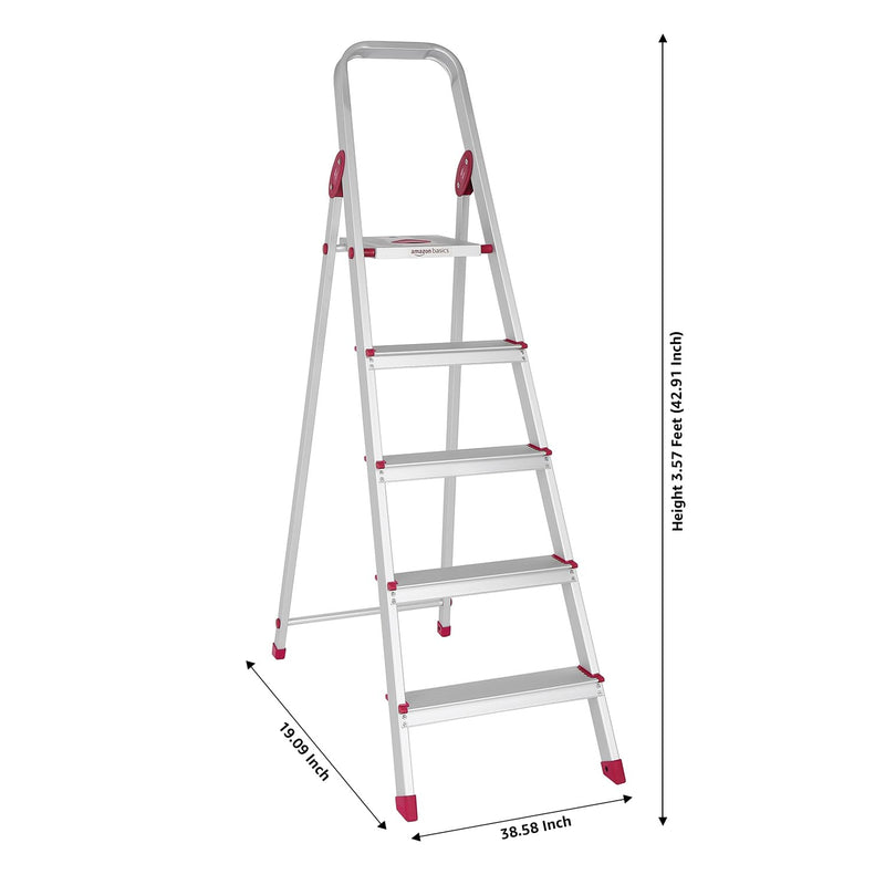 Amazon Basics Foldable 6-Step Aluminium Ladder | Double-Lock with Hinges | Skid-Proof | Lightweight (Maroon)