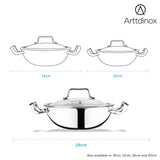 Arttdinox by Jindal Lifestyle Reflecto Triply Stainless Steel Kadai with Glass Lid |Triply Kadhai | Steel Kadai Big Size | Gas and Induction Compatible, 4.5L/28cm, Silver | Jindal Stainless