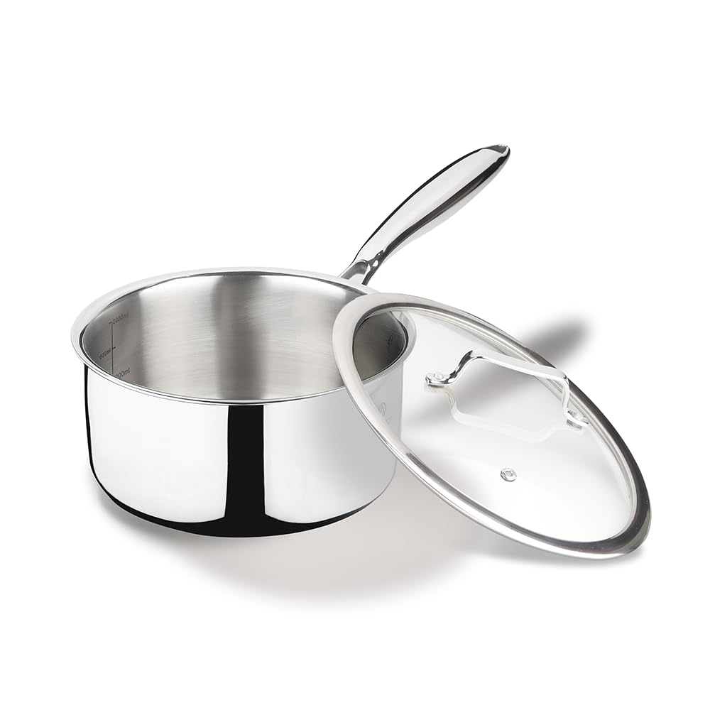 Arttdinox by Jindal Lifestyle Reflecto Triply Stainless Steel Saucepan with Glass Lid | Milkpan | Triply Tea Pot| Gas and Induction Compatible, 2.5mm Thickness, 2.3L, 18cm, Silver| Jindal Stainless