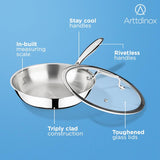 Arttdinox by Jindal Lifestyle Reflecto TriPly Stainless Steel Frypan with Glass Lid | Steel Fry pan for Cooking | Frying pan Triply | Gas & Induction Compatible, 2.0L/ 24cm, Silver | Jindal Stainless