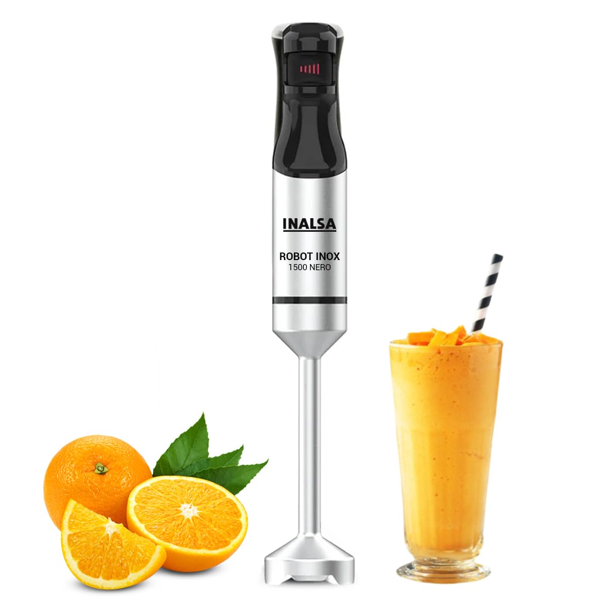INALSA Hand Blender 1500Watts|Silent DC Copper Motor|Variable Speed with Stepless Technology|Anti-Splash Technology| Detachable Stainless Steel Stem-Robot INOX 1500 Nero