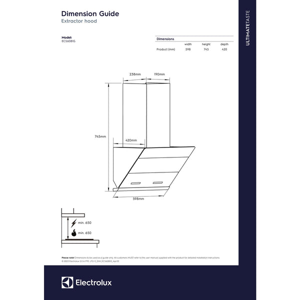 Electrolux 60cm Slope Chimney for up to 195 sqft Kitchen, UltimateTaste 500, Black, ECS6081G