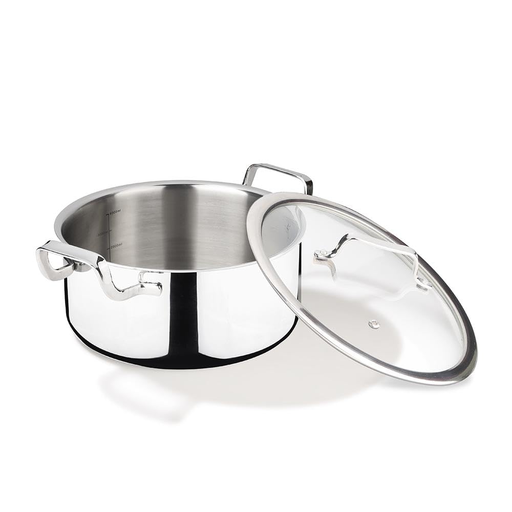 Arttdinox by Jindal Lifestyle Reflecto Triply Stainless Steel Caserole with Glass Lid | Triply Clad Casserole | Steel Casserole for Cooking | Cooking Casserole, 7.8L/28cm, Silver | Jindal Stainless