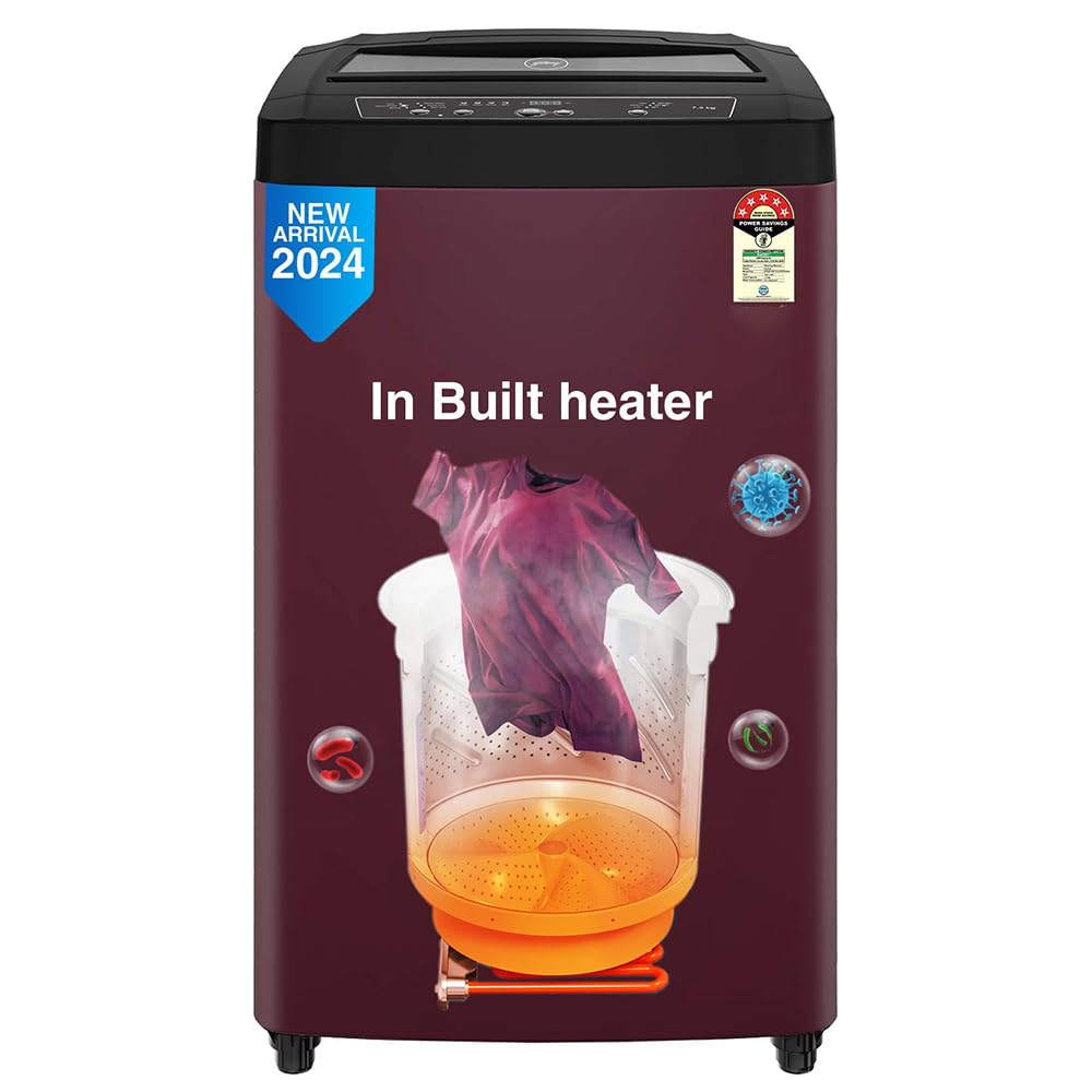 Godrej 7.5 Kg 5 Star AI Powered, Disinfects 99.9% Germs, Inbuilt Heater, Toughened Glass & Soft Shut Lid, Steel Drum Fully Automatic Top Load Washing Machine (WTEON ADR 75 5.0 PFDTG AURD, Autumn Red)