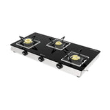 Bajaj 3BJGS7 Stainless Steel Glass Top Gas Stove with 3 Brass Burners, ISI Certified, Black, Regular