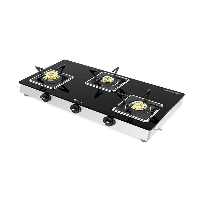 Bajaj 3BJGS7 Stainless Steel Glass Top Gas Stove with 3 Brass Burners, ISI Certified, Black, Regular