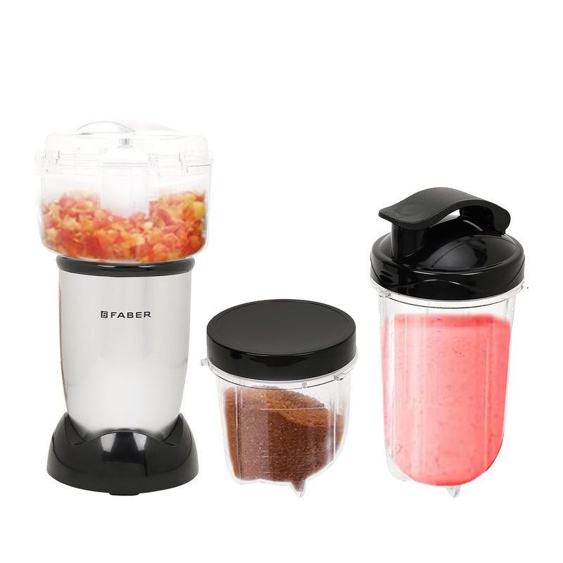 Faber 3-In-1 Sportz Blender |Chopping Jar, Smoothie & Grinding Jar (Wet & Dry)| Abs Body, Detachable Ss Blades, 400 Watts Motor, 1 Sipper Cap & 3 Lids, 2 Spill Proof Jars & 1 Chopp