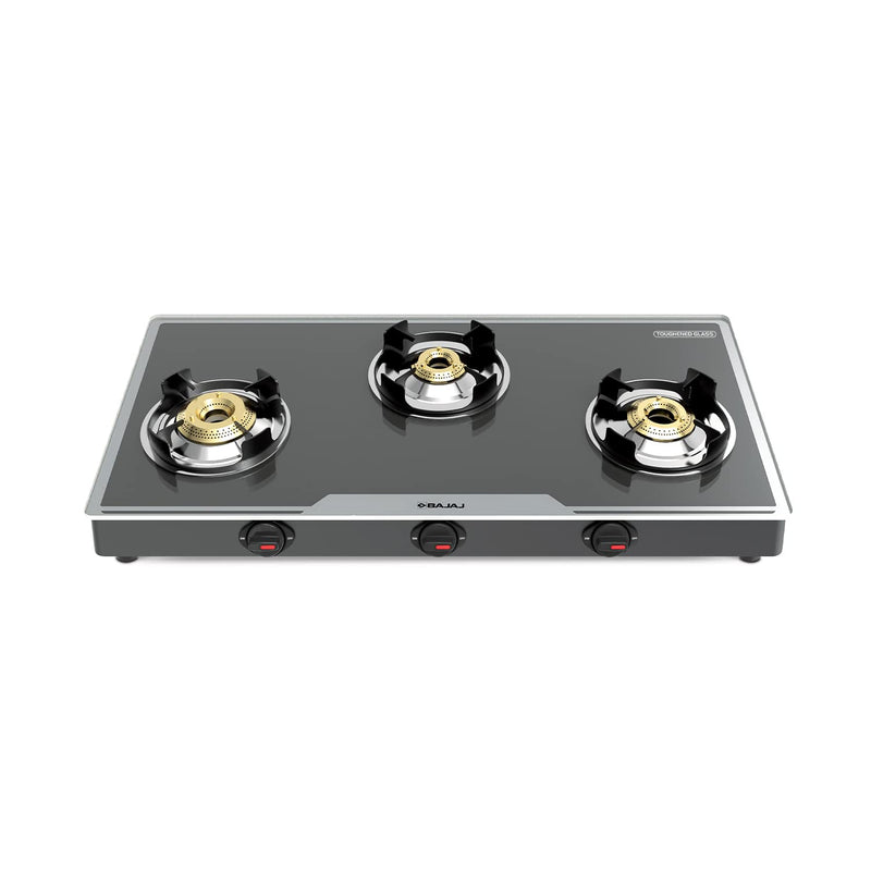 Bajaj 3Bjgp7 Stainless Steel Glass Top Gas Stove with 3 Brass Burners, Isi Certified, Anti-Viral & Anti-Bacterial Coating, Black, Regular, Open