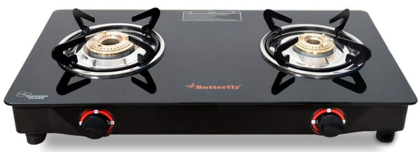 Butterfly Smart Glass 2 Burner Gas Stove, Black & White (Manual Ignition)