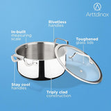 Arttdinox by Jindal Lifestyle Reflecto Triply Stainless Steel Caserole with Glass Lid | Triply Clad Casserole | Steel Casserole for Cooking | Cooking Casserole, 5.2L/24cm, Silver | Jindal Stainless