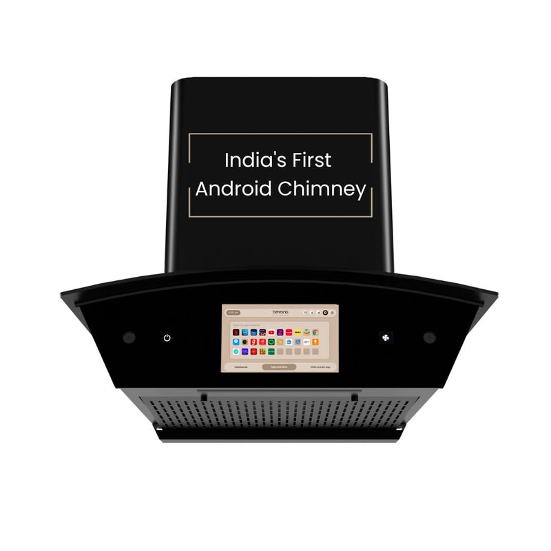 Beyond Appliances Asteria 60cm Auto Clean Kitchen Chimney | 1408 CMH Suction | Filterless | Curved Glass | Smart Screen & Speakers | Touch Control | Black Finish,ASTERIA 60CM( BASE