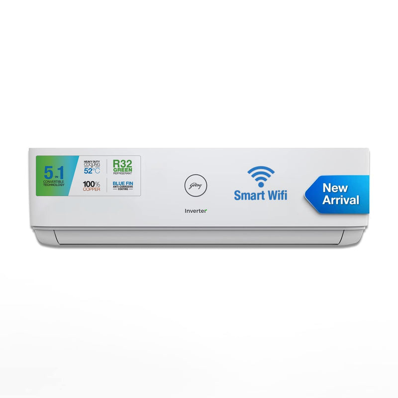 Godrej 1 Ton 3 Star Wi-Fi, Inverter Split AC (Copper, 5 in 1 Convertible Cooling, Heavy Duty Cooling at 52C, 2023 Model, AC 1T EI 12DINV3R32-CWA IOT Split, White)