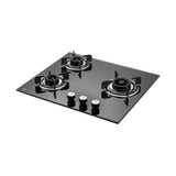 KAFF Built-in Hob/Hobtop 3 Burners, Auto Electric Ignition Glass Top, 60 CM, Black Coated Tornado Style Burners, SS Drip Tray, 8 MM Thick Toughened Glass (Black) | CRISTA CRH 603