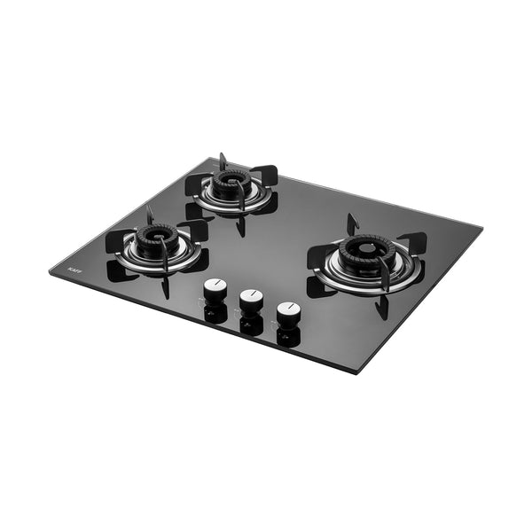 KAFF Built-in Hob/Hobtop 3 Burners, Auto Electric Ignition Glass Top, 60 CM, Black Coated Tornado Style Burners, SS Drip Tray, 8 MM Thick Toughened Glass (Black) | CRISTA CRH 603