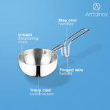 Arttdinox Reflecto Triply Tadka Pan Small with Lid | Triply Stainless Steel Induction Base Pan with Heavy Bottom for Everyday Cooking by Jindal Stainless