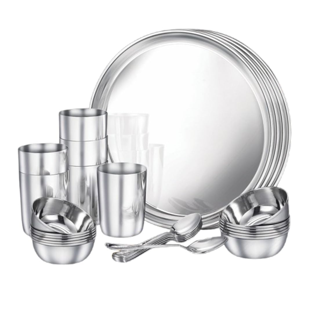 Prestige Judge Heritage Stainless Steel Dinner Set 30 Pcs Set : 6 Stainless Steel Full Plates 28Cm, 6 Deep Bowls 200Ml, 6 Deep Bowls 160Ml, 6 Tumblers 300Ml, Spoons 16Cm Silver