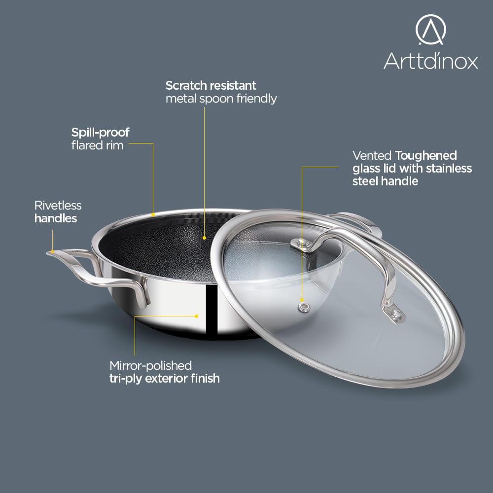 Arttdinox Stellar Triply Stainless Steel Kadhai with Lid | Triply Kadai | Non Stick Kadai | Kadai with Lid for Cooking | Gas & Induction Base, 24cm, 2.7Ltr, Jindal Stainless, Silver