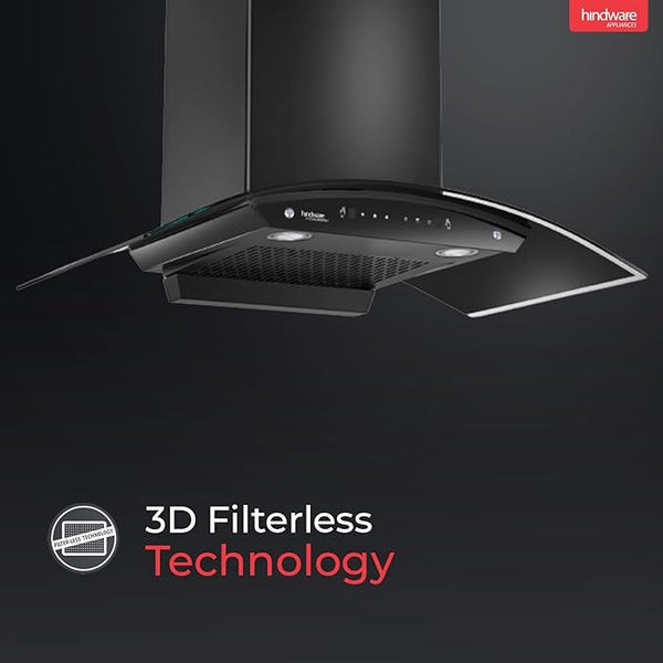 Hindware Smart Appliances Amyra 90 cm, 1200 m?/hr* Stylish Filterless Auto-Clean Wall Mounted Chimney for Kitchen with Motion Sensors, Touch Control and LED Lamps (Black)