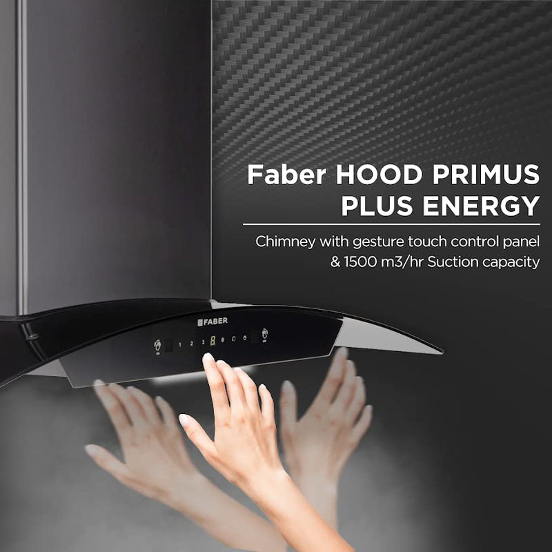 Faber 90 cm 1500 hr Autoclean Kitchen Chimney Autoclean Alarm Mood L Made in India HOOD PRIMUS PLUS ENERGY IN HCSC BK 90Touch Gesture Control Black