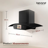 Beyond Appliances Asteria 90cm BLDC Auto Clean Kitchen Chimney | 1408 CMH Suction | Filterless | Curved Glass | Smart Screen & Speakers | Touch Control | Black(BASE-CA90-IF-001)