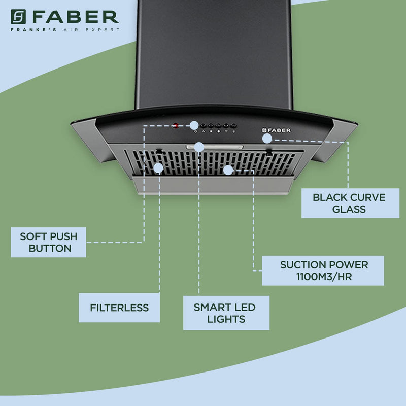 Faber 60 cm 1100 hr AutoClean Curved Glass Kitchen Chimney HOOD ALPHA IN HC PB FL BK 60 Filterless technology Push Button Black
