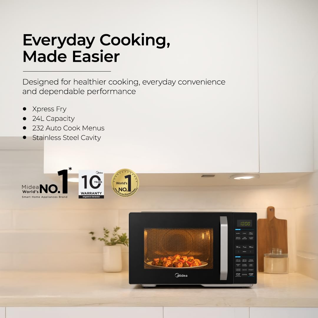 Midea 24 L Convection Microwave oven with Air Fry & Grill (MMOP02XA-ECSEBK) | 232 Auto cook menu | 800W | Child Lock