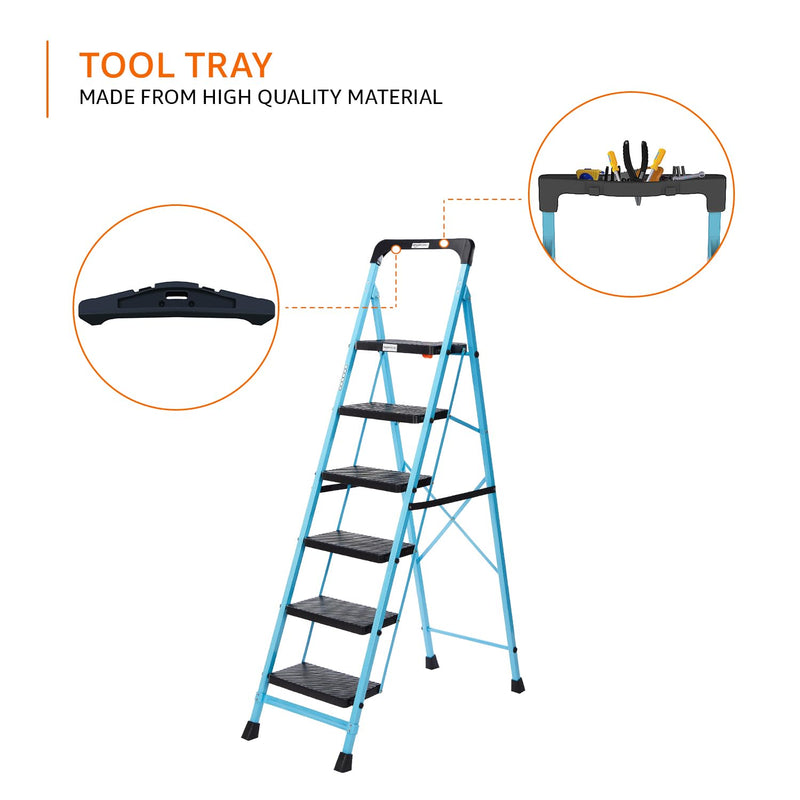 amazon basics - Foldable Step Ladder with Tool Tray, Safety-Clutch Lock, Ribbed Steps, Anti-Skid Rubber Shoes, 6 Steps (Iron Ladder, Black & Blue)