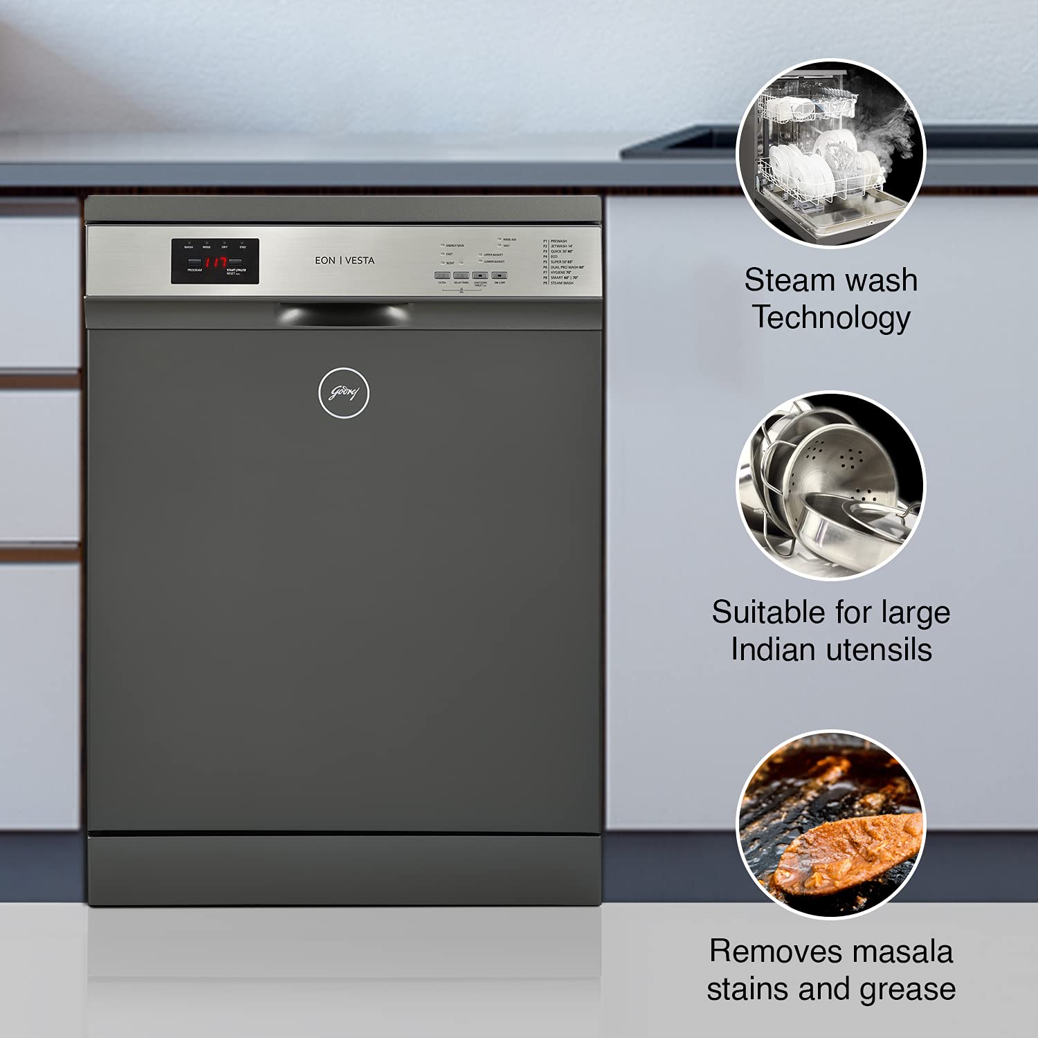 Godrej Eon Dishwasher, Steam Wash Technology,13 place setting, Perfect for Indian Kitchen, DWF EON VES 13Z STI GPGR