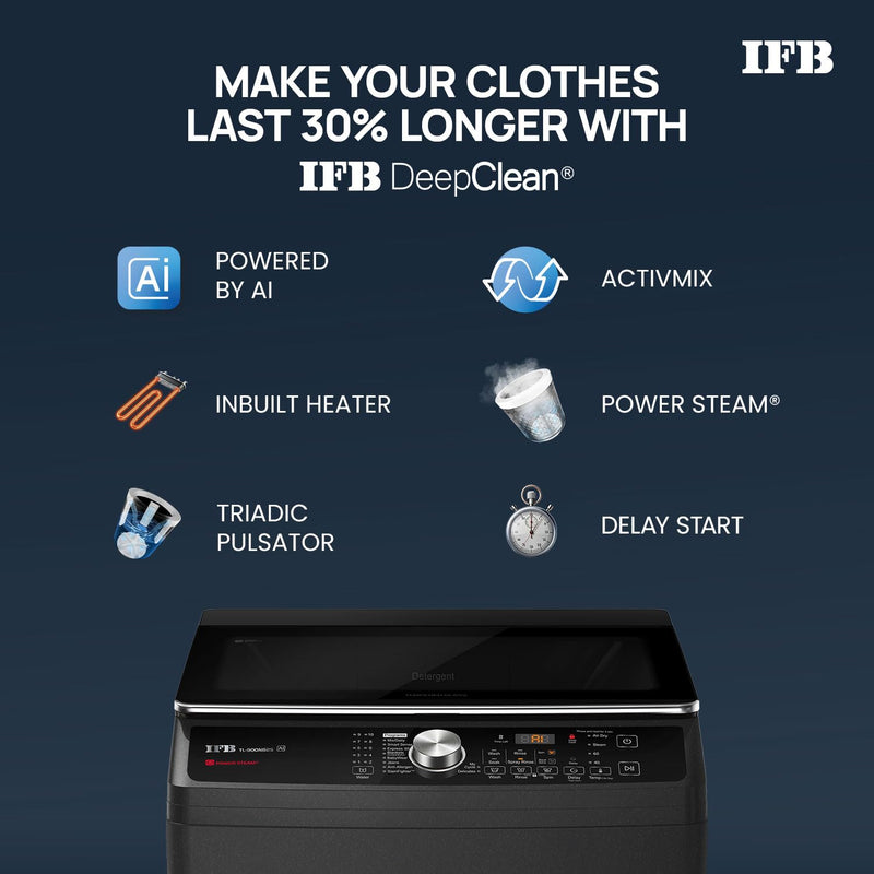 IFB 9 Kg 5 Star with DeepClean Technology, AI Powered, Fully Automatic Top Load Washing Machine (TL900NB2S, PowerSteam, Inbuilt Heater, Aqua Energie, Noir Black)