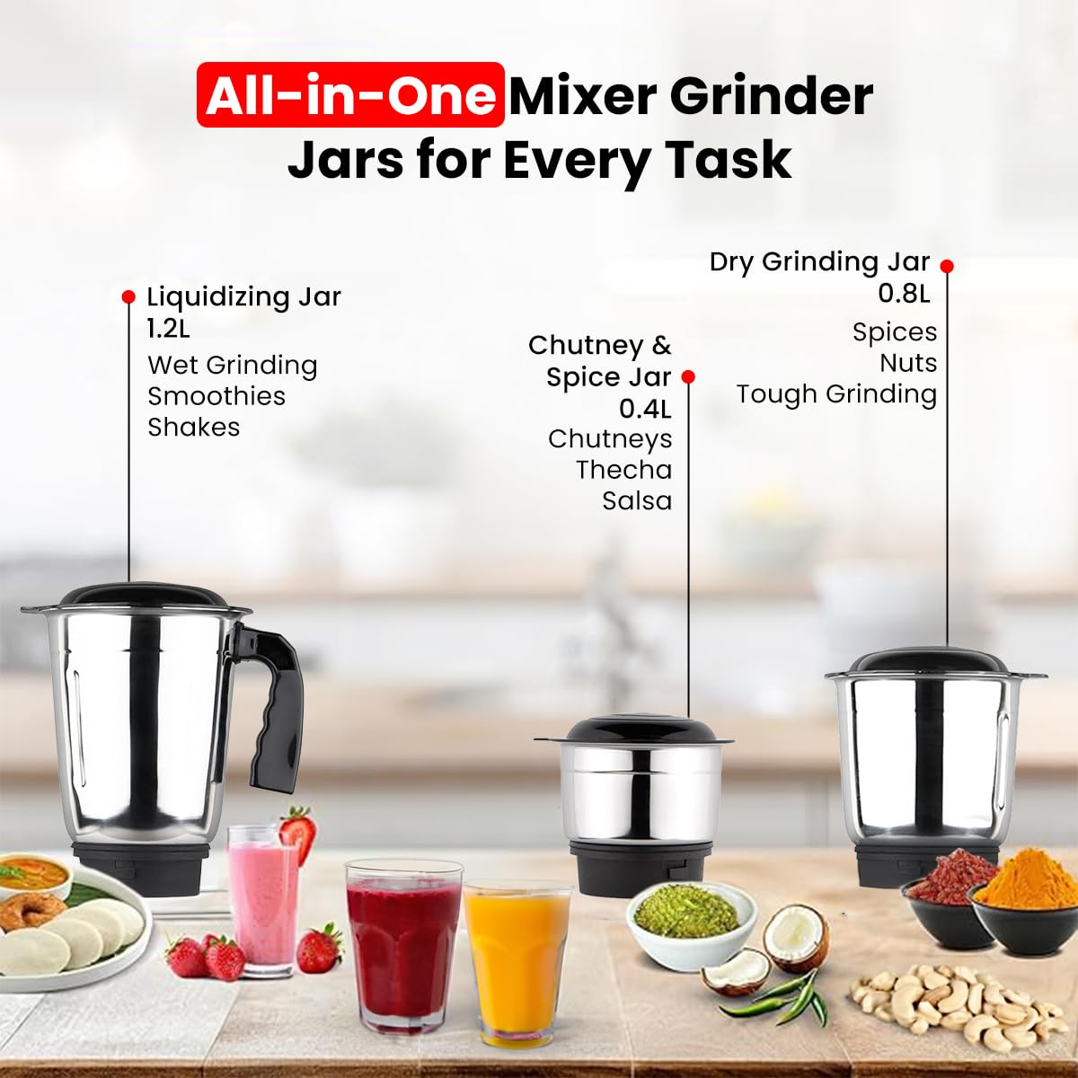 INALSA Mixer Grinder|500W Powerful Motor|High RPM 21000 for Finer Grinding Result|3 Stainless Steel Jars (1.2 L,0.8 L,0.4 L)|Leak-Proof Lid|3 Speed Control & Pulse FunctioN|Jazz Bold