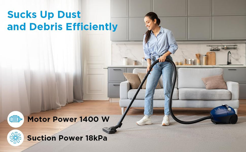 Midea 11S Bagged Vacuum Cleaner | 1400 W Motor | 18kPa Powerful Suction Control | 3 Free Paper dust Bag | Free Multiple Accessories | Dustbag Full Indicator | 5m auto Rewind Cord