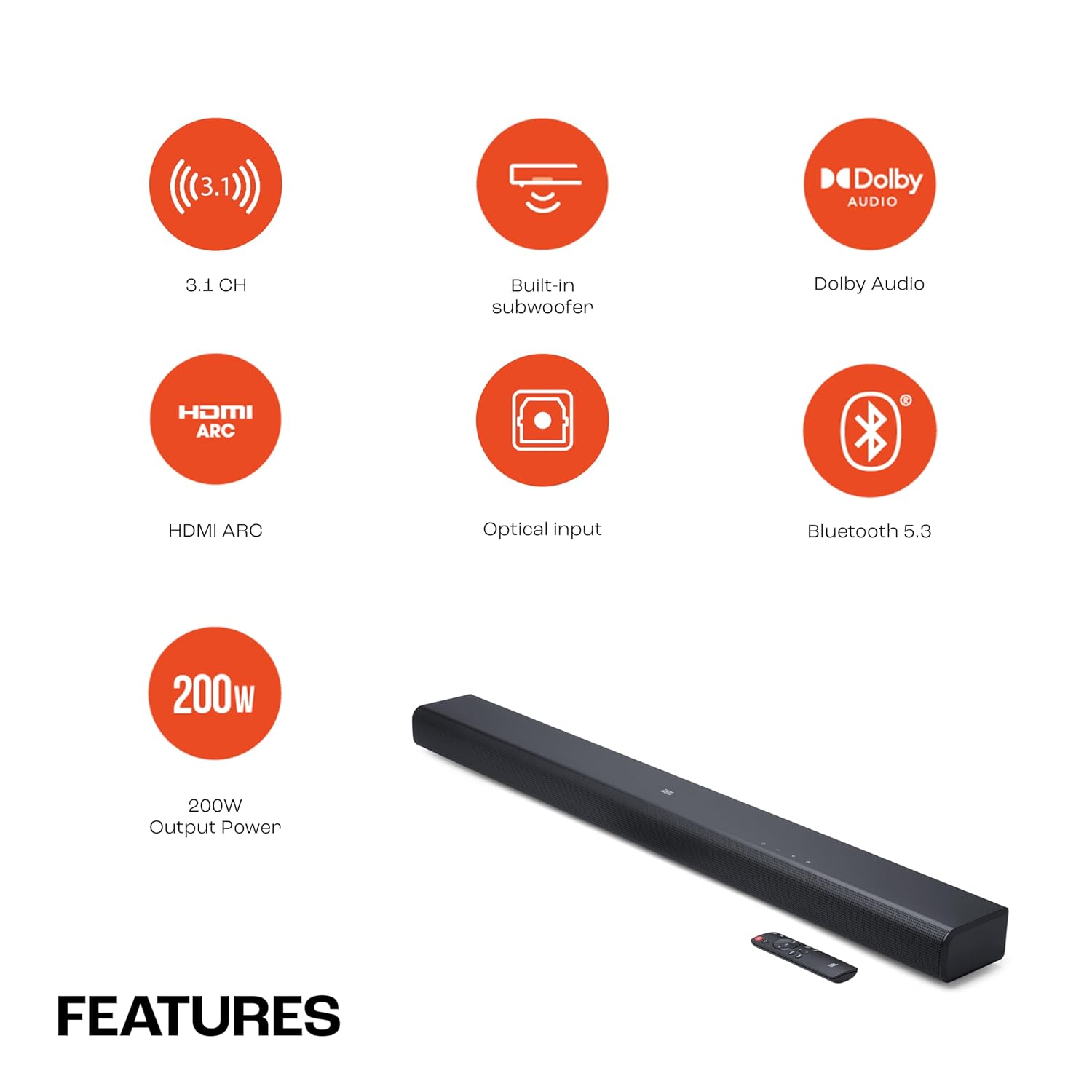 JBL Cinema SB510, Dolby Audio Soundbar with Built-in Subwoofer, 3.1 Channel, Center Channel for Superior Voice Clarity, HDMI eARC, Bluetooth & Optical Connectivity (200W)