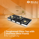 Bajaj 3BJGS7 Stainless Steel Glass Top Gas Stove with 3 Brass Burners, ISI Certified, Black, Regular