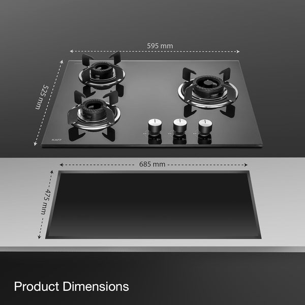 KAFF Built-in Hob/Hobtop 3 Burners, Auto Electric Ignition Glass Top, 60 CM, Black Coated Tornado Style Burners, SS Drip Tray, 8 MM Thick Toughened Glass (Black) | CRISTA CRH 603