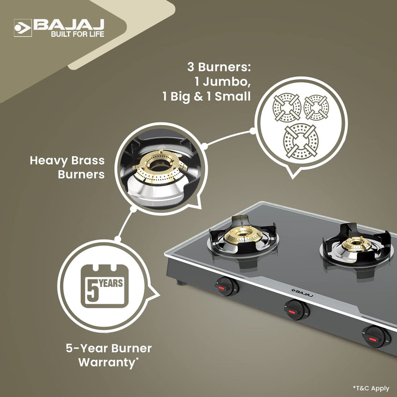 Bajaj 3Bjgp7 Stainless Steel Glass Top Gas Stove with 3 Brass Burners, Isi Certified, Anti-Viral & Anti-Bacterial Coating, Black, Regular, Open