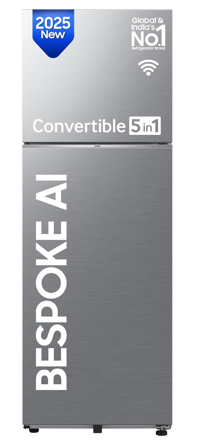 Samsung 330 L, 3 Star, Convertible 5-in-1, Digital Inverter, Frost Free Double Door, WiFi Enabled Bespoke AI Refrigerator (RT34DG5A4DS8HL, Elegant Inox, Silver)