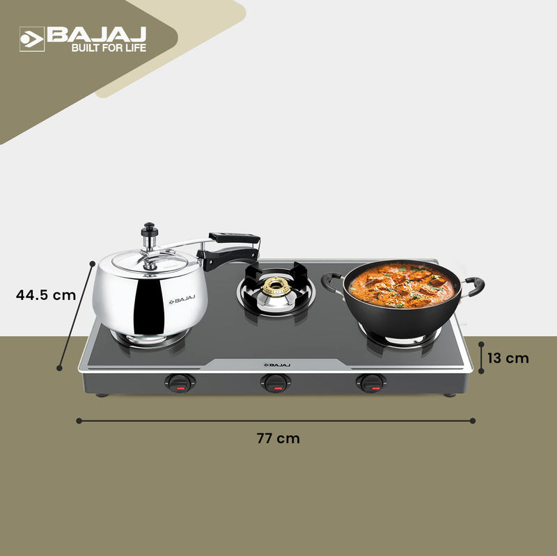 Bajaj 3Bjgp7 Stainless Steel Glass Top Gas Stove with 3 Brass Burners, Isi Certified, Anti-Viral & Anti-Bacterial Coating, Black, Regular, Open