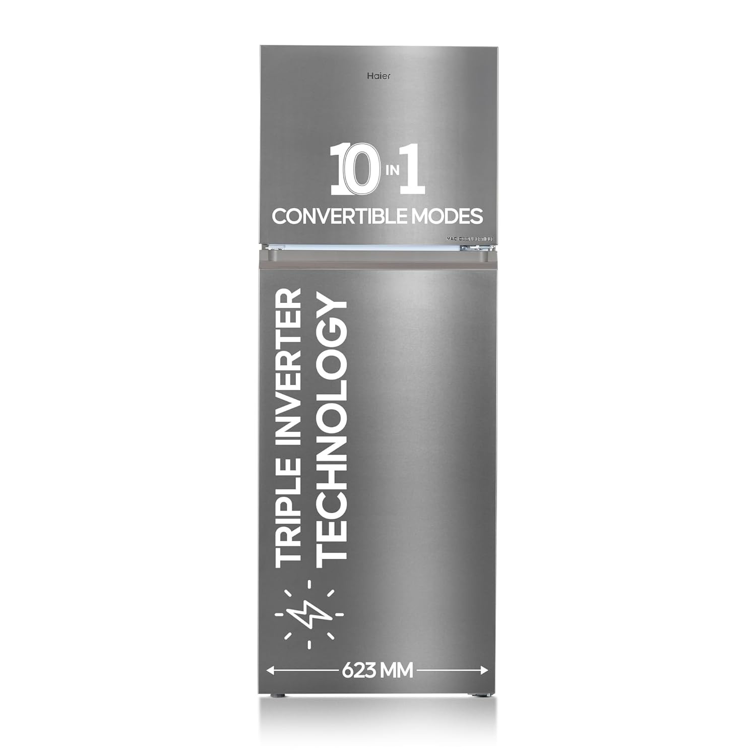 Haier 358 L 3 Star Frost Free Top Mount Double Door Refrigerator | Convertible 10-in-1 | Triple Inveter (HEF-363TS-P, Inox Steel)