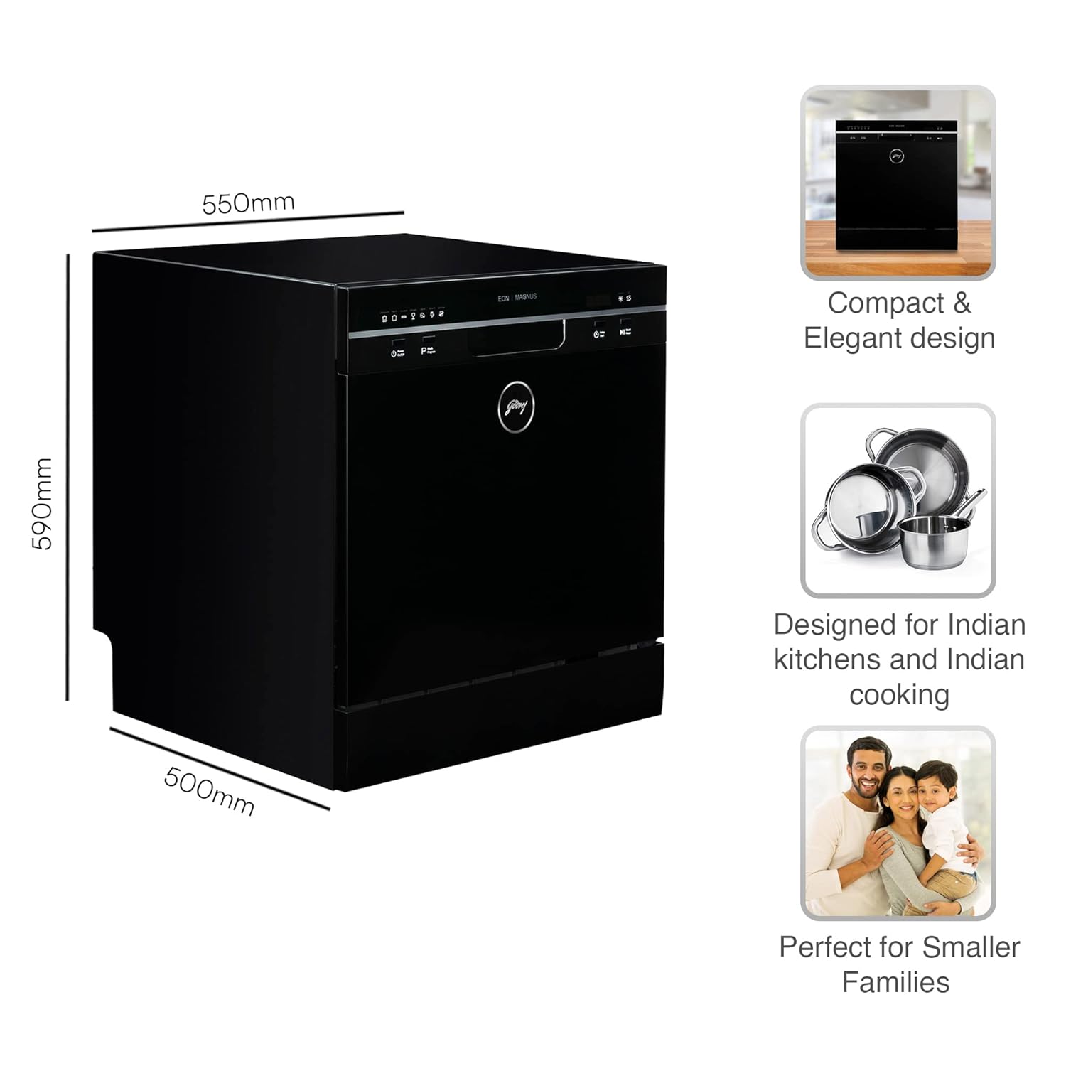 Godrej Eon Dishwasher | 8 Place Setting Counter-Top | Compact with an In-built heater (DWT EON MGNS 8C NF SKBK, Silky Black) | Perfect for Indian kitchens: Smaller families and Bachelors