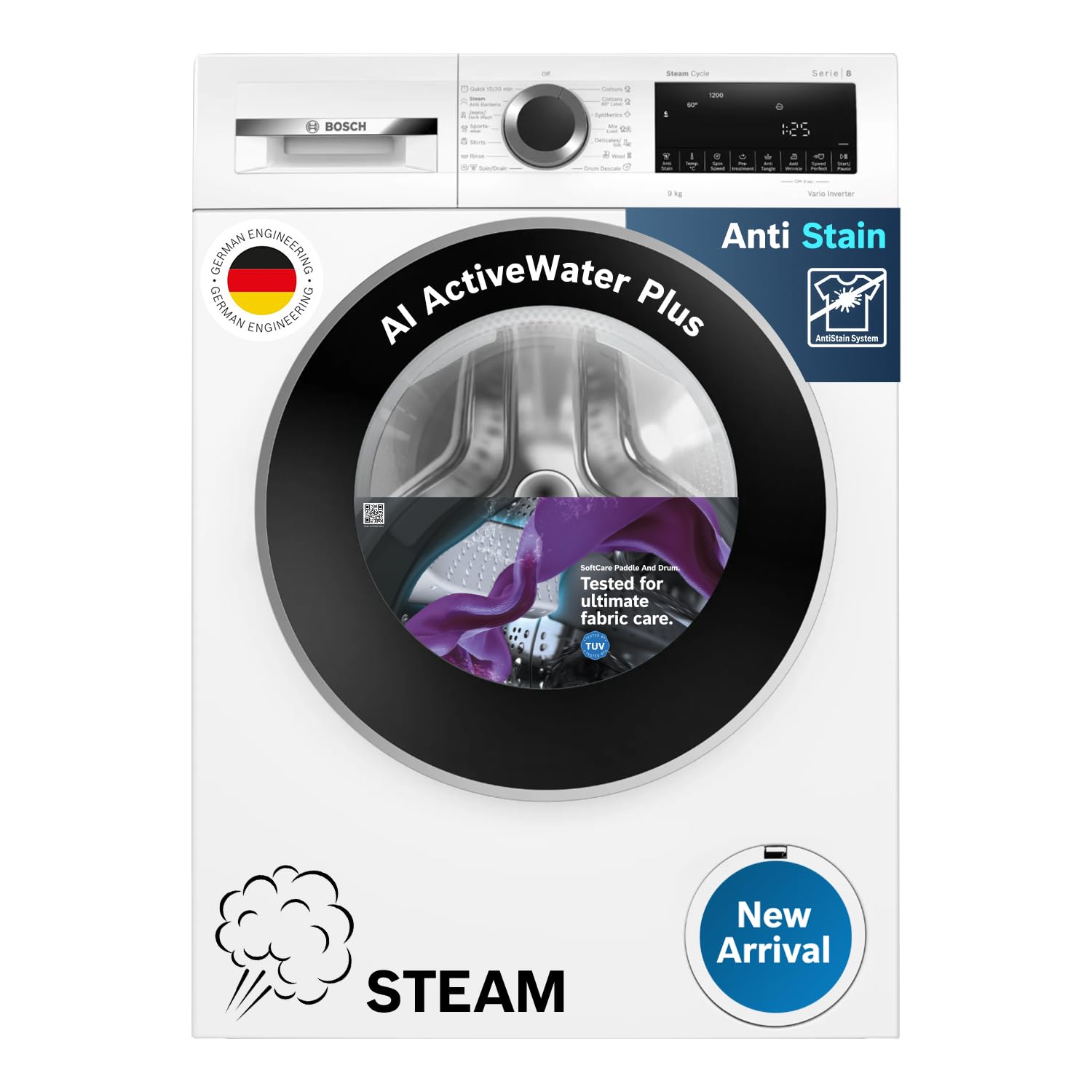 Bosch 9kg 5 Star Anti Stain & AI Active Water Plus Fully Automatic Front Load Washing Machine with Built in Heater (WGA14200IN, Pretreatment & Steam with Anti Bacteria and 5 Star Inverter, White)