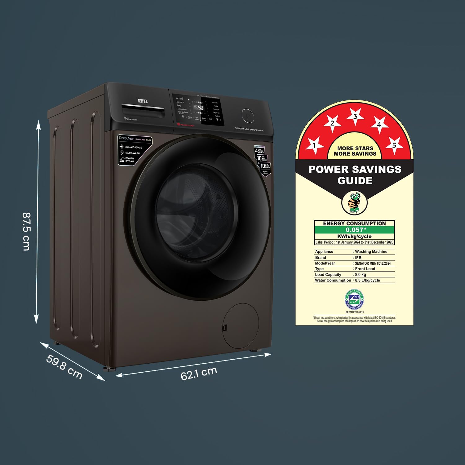 IFB 8 Kg 5 Star Powered by AI with 9 Swirl Wash, WiFi, Fully Automatic Front Load Washing Machine (Senator MBN 8012, Steam Refresh Program with Eco Inverter, Mocha)