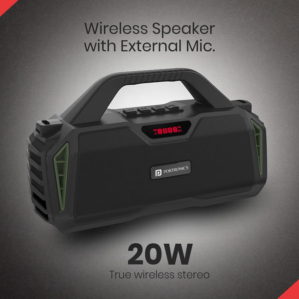 Portronics Chime 20W TWS Wireless Bluetooth Speaker with Wired Karaoke Mic. with Inbuit FM, USB, Aux-in, Micro SD, Upto 8 hr Playback TIme(Green)