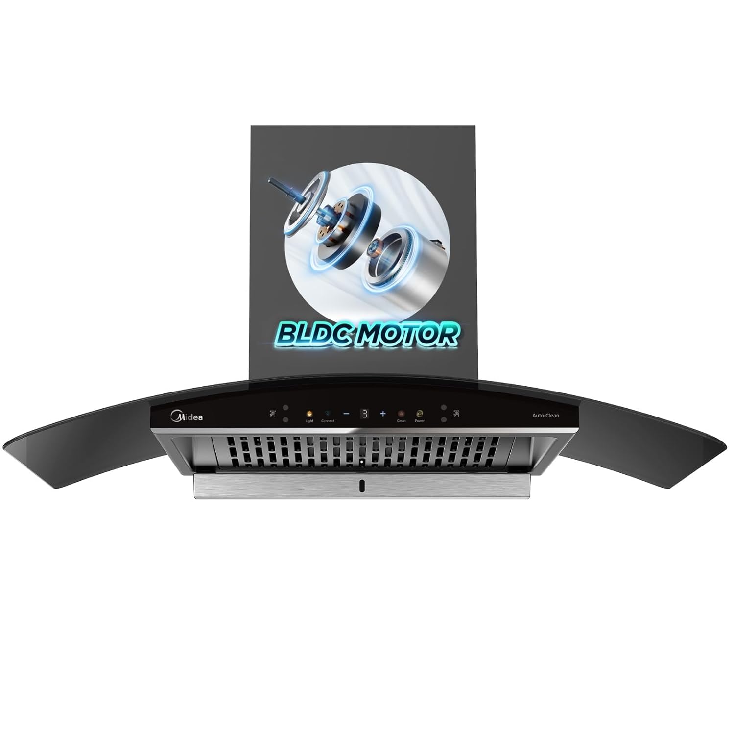 Midea 90 cm 1600 m3/hr BLDC, Filter-less, Wi-Fi enabled, intelli- Autoclean, 9 speed kitchen Chimney, Free Installation Kit (Megan Auto Clean), Black