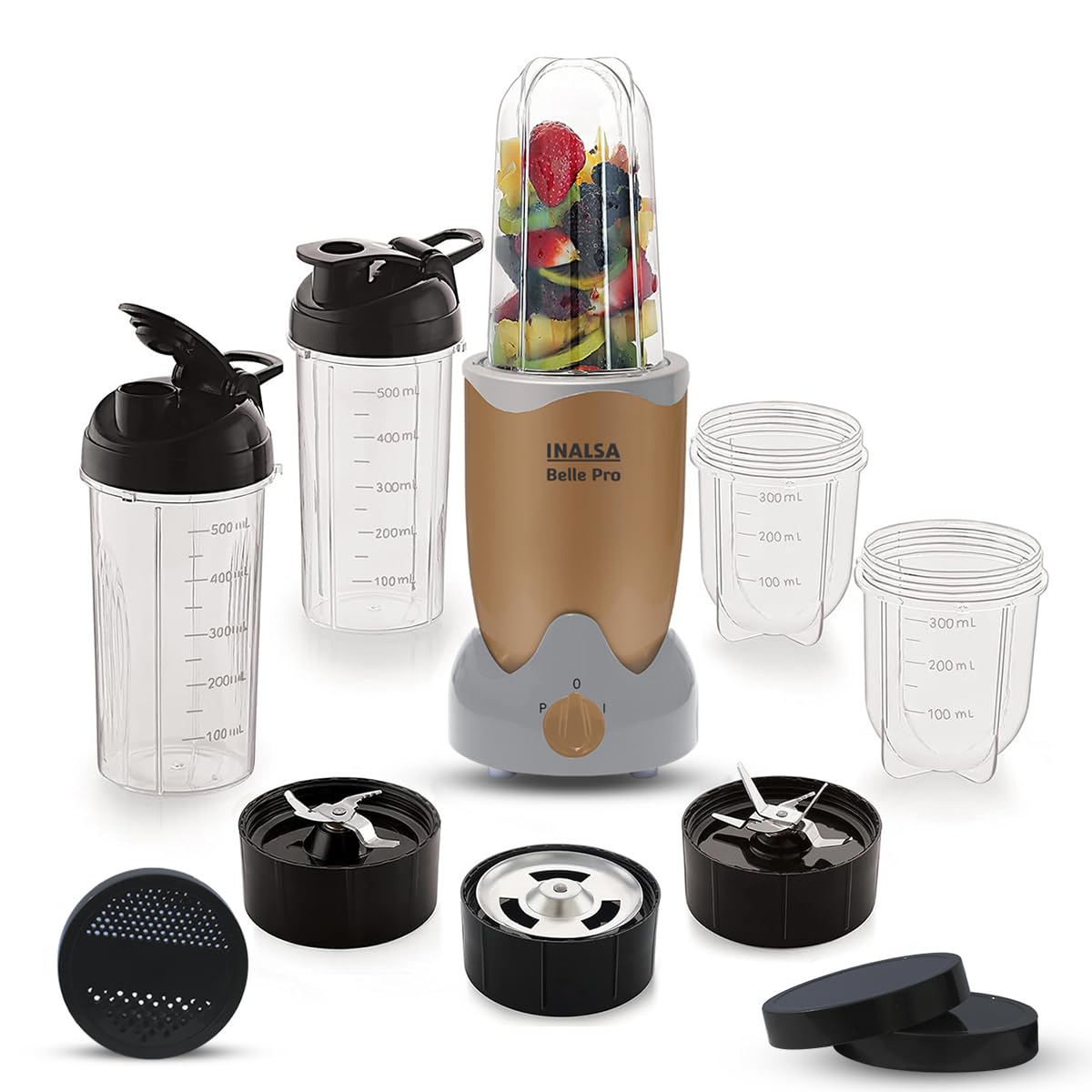 INALSA Bullet Belle Pro Mixer Grinder|5 Jar include 2 Storage Jar For Smothies,Coffee,Dry fruits & Wet Grinding|600 W, Copper Motor|3 Blades Including Froth Blade with 2 Sipper & 1 Seasoning Cap