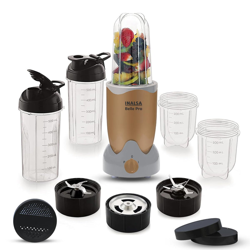 INALSA Bullet Belle Pro Mixer Grinder|5 Jar include 2 Storage Jar For Smothies,Coffee,Dry fruits & Wet Grinding|600 W, Copper Motor|3 Blades Including Froth Blade with 2 Sipper & 1