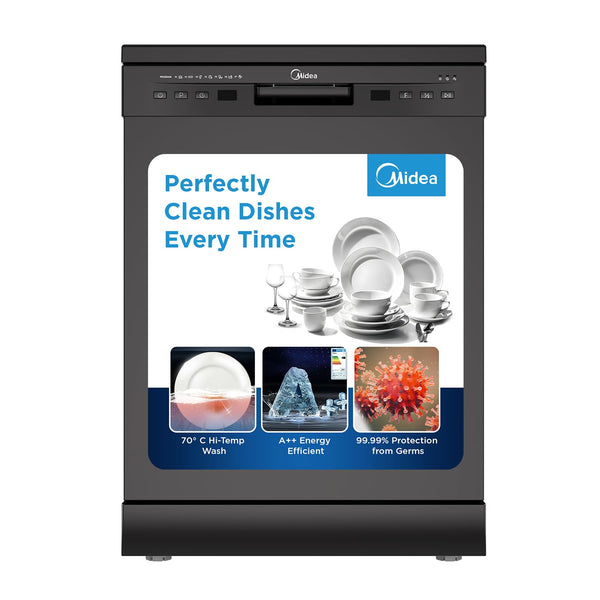 MIDEA 13 Place Setting Freestanding Dishwasher (MDWPF1301F(B), Black,7 wash program, Child Lock, Extra Dry & Intensive 70 degree wash, A++ Energy Efficient,Delay Timer, Half Load, Adjustable Basket)